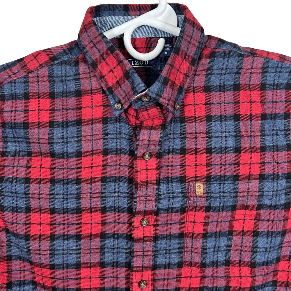 IZOD Mens Red Blue Plaid Flannel Button Down Shirt Medium Long Sleeve Pocket‎